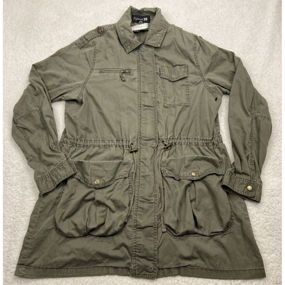 Forever 21 Military Jacket Womens‎ L Olive Green Army Chore Pockets Cinch Waist
